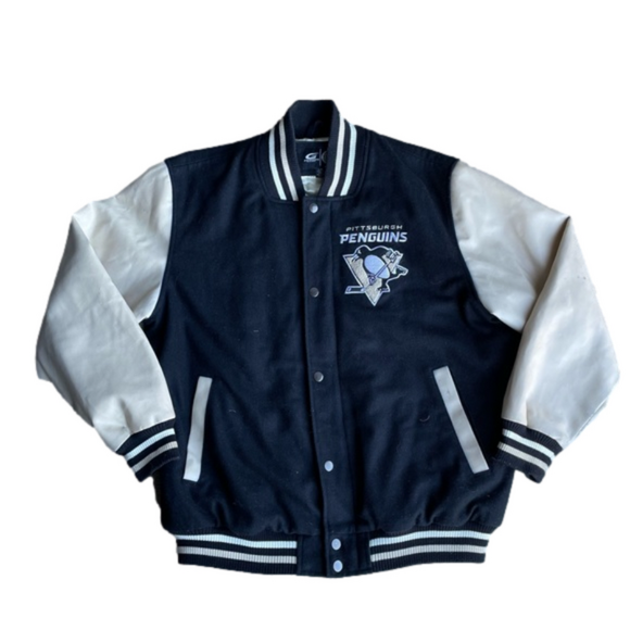 Pittsburgh Penguins Hockey NHL Vintage Leather Letterman Varsity Bomber Jacket L